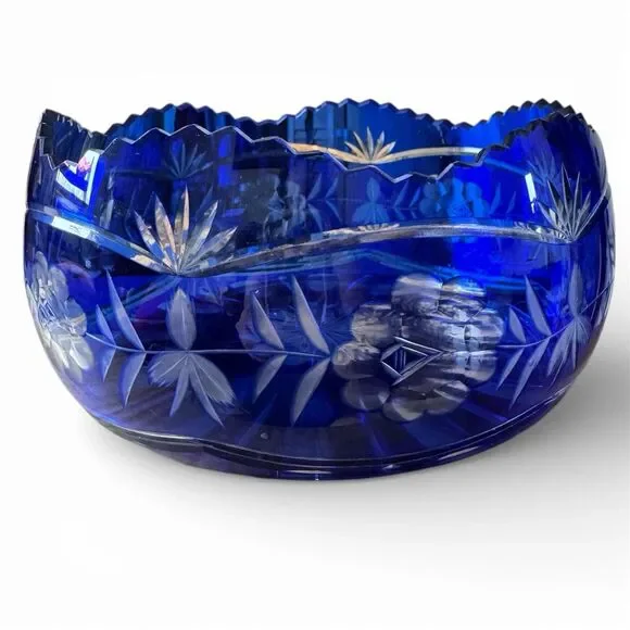 Vintage Cobalt Blue Cut Crystal Bowl Bohemian Style Floral Overlay Heavy Glass - Picture 1 of 3